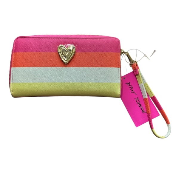 NWT Betsey Johnson Rainbow Colorblock Gold Heart Zip Wristlet Wallet - Picture 1 of 10